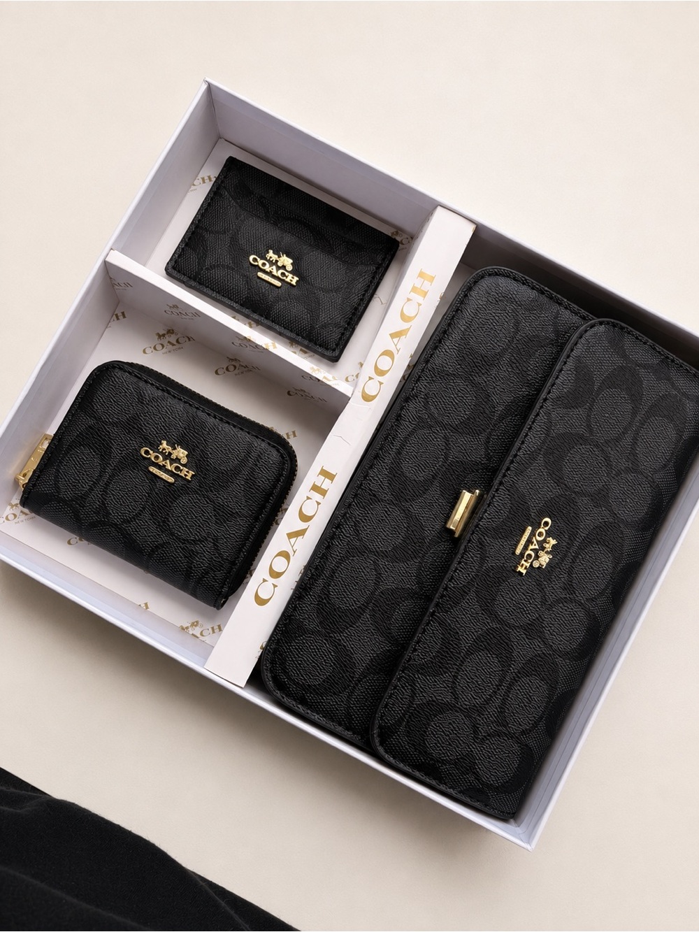 Coach Black Signature Canvas Wallet Set with Gold Hardware